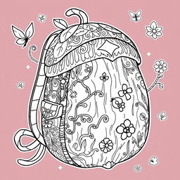 A charming coloring page illustration of a singular fantasy backpack inspired by the magical realms of fairies and gnomes