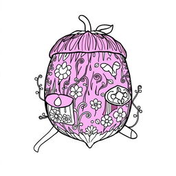 A charming coloring page illustration of a singular fantasy backpack inspired by the magical realms of fairies and gnomes