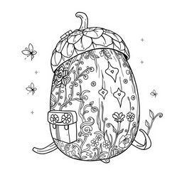 A charming coloring page illustration of a singular fantasy backpack inspired by the magical realms of fairies and gnomes