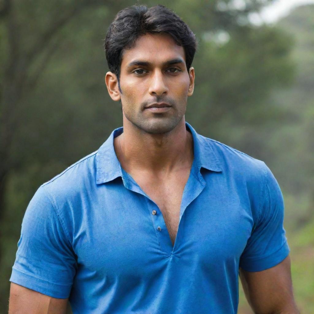 The tall and bulky Indian man with handsome features, now more muscular, still wearing a blue shirt.