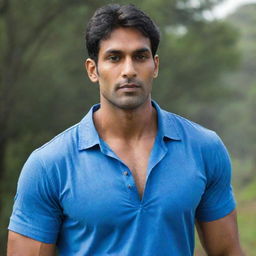 The tall and bulky Indian man with handsome features, now more muscular, still wearing a blue shirt.