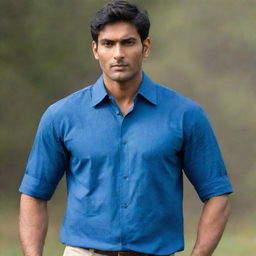 The tall and bulky Indian man with handsome features, now more muscular, still wearing a blue shirt.