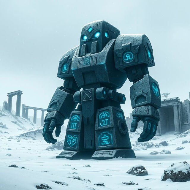 A massive stone golem standing majestically in a desolate landscape of snowy ruins