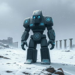 A massive stone golem standing majestically in a desolate landscape of snowy ruins