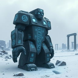 A massive stone golem standing majestically in a desolate landscape of snowy ruins