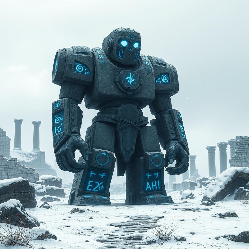 A massive stone golem standing majestically in a desolate landscape of snowy ruins