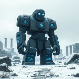 A massive stone golem standing majestically in a desolate landscape of snowy ruins