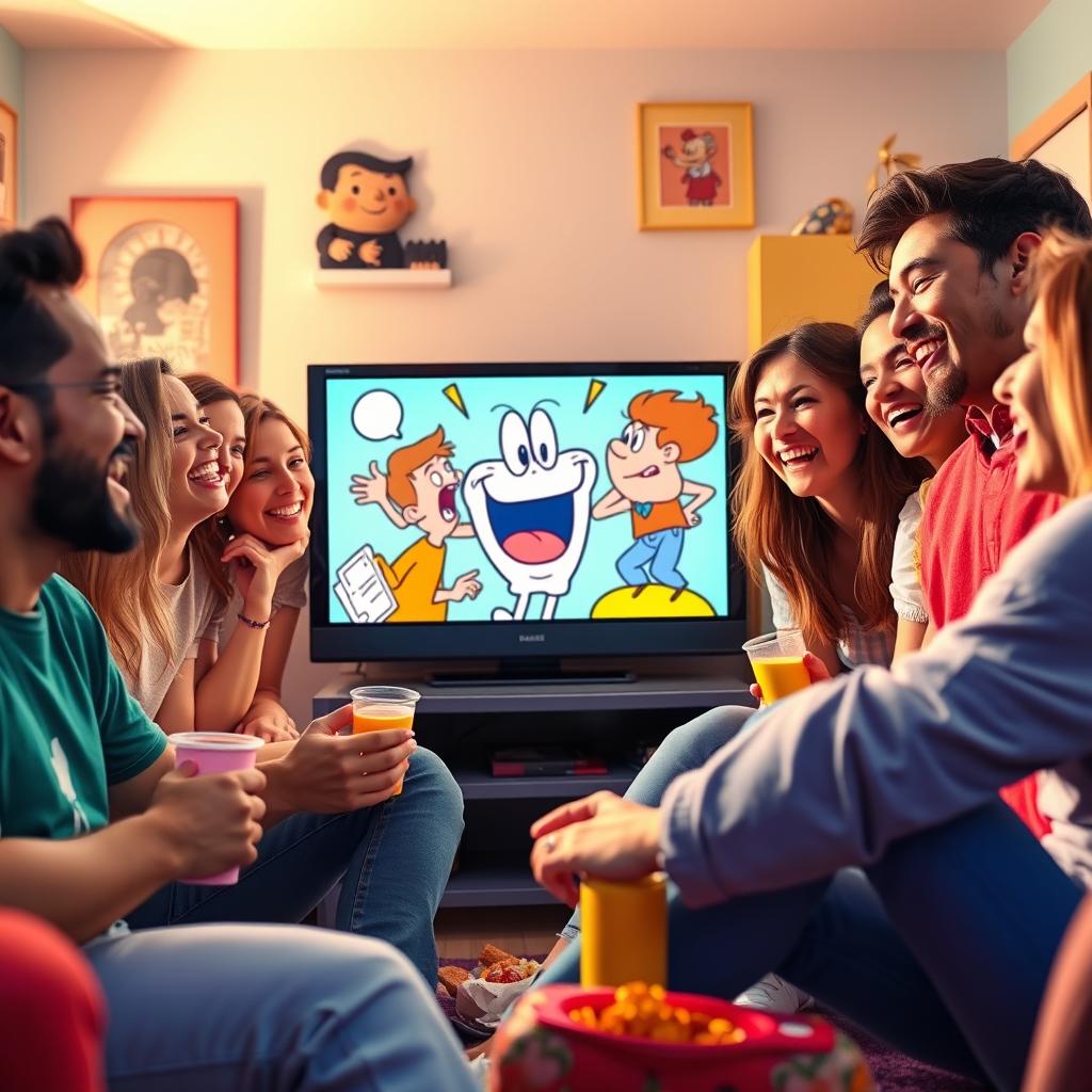 A vibrant and lively scene depicting a group of friends gathered around a television, sharing laughter while watching a funny video