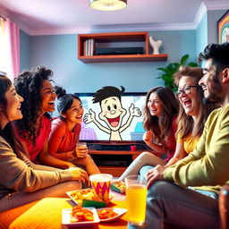 A vibrant and lively scene depicting a group of friends gathered around a television, sharing laughter while watching a funny video