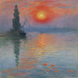 In Claude Monet's signature impressionistic style, depict a mesmerizing sunset. The sky bursts with radiant hues of red, orange, and violet, reflected in a serene body of water. Monet's trademark quick strokes enhance the dynamic vibrancy of this moment.