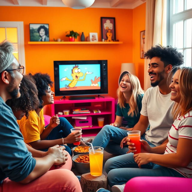 A vibrant and lively scene depicting a group of friends gathered around a television, sharing laughter while watching a funny video