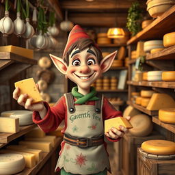 A cheerful cheesemonger elf standing in a quaint, rustic cheese shop filled with a variety of cheeses on wooden shelves