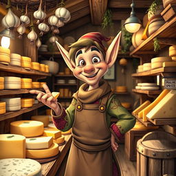 A cheerful cheesemonger elf standing in a quaint, rustic cheese shop filled with a variety of cheeses on wooden shelves