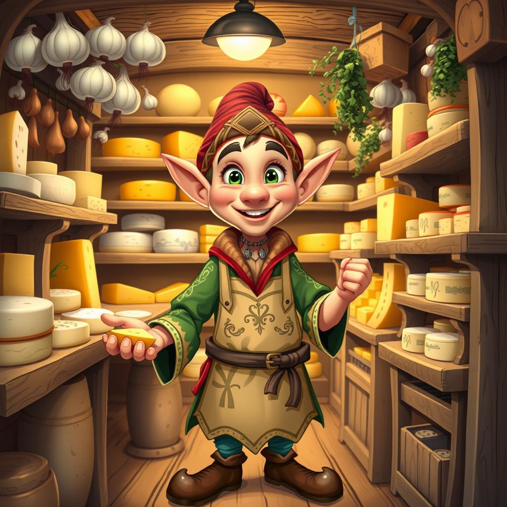 A cheerful cheesemonger elf standing in a quaint, rustic cheese shop filled with a variety of cheeses on wooden shelves