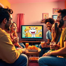 A vibrant and lively scene depicting a group of friends gathered around a television, sharing laughter while watching a funny video