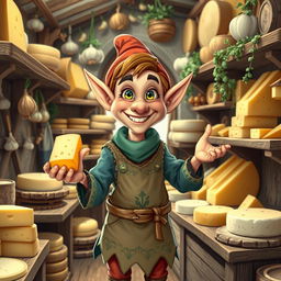 A cheerful cheesemonger elf standing in a quaint, rustic cheese shop filled with a variety of cheeses on wooden shelves