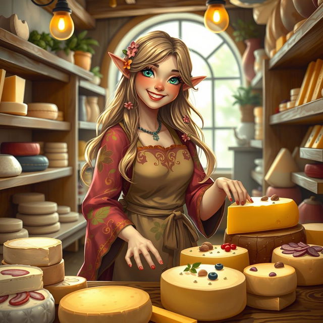 A delightful female elf cheesemonger expertly arranging a colorful display of artisanal cheeses in a charming, rustic cheese shop