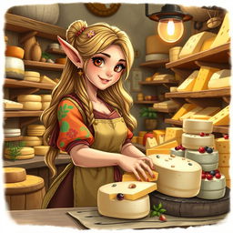 A delightful female elf cheesemonger expertly arranging a colorful display of artisanal cheeses in a charming, rustic cheese shop