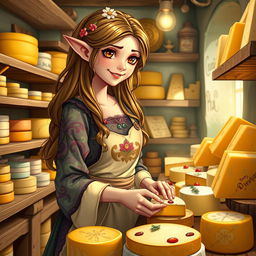 A delightful female elf cheesemonger expertly arranging a colorful display of artisanal cheeses in a charming, rustic cheese shop