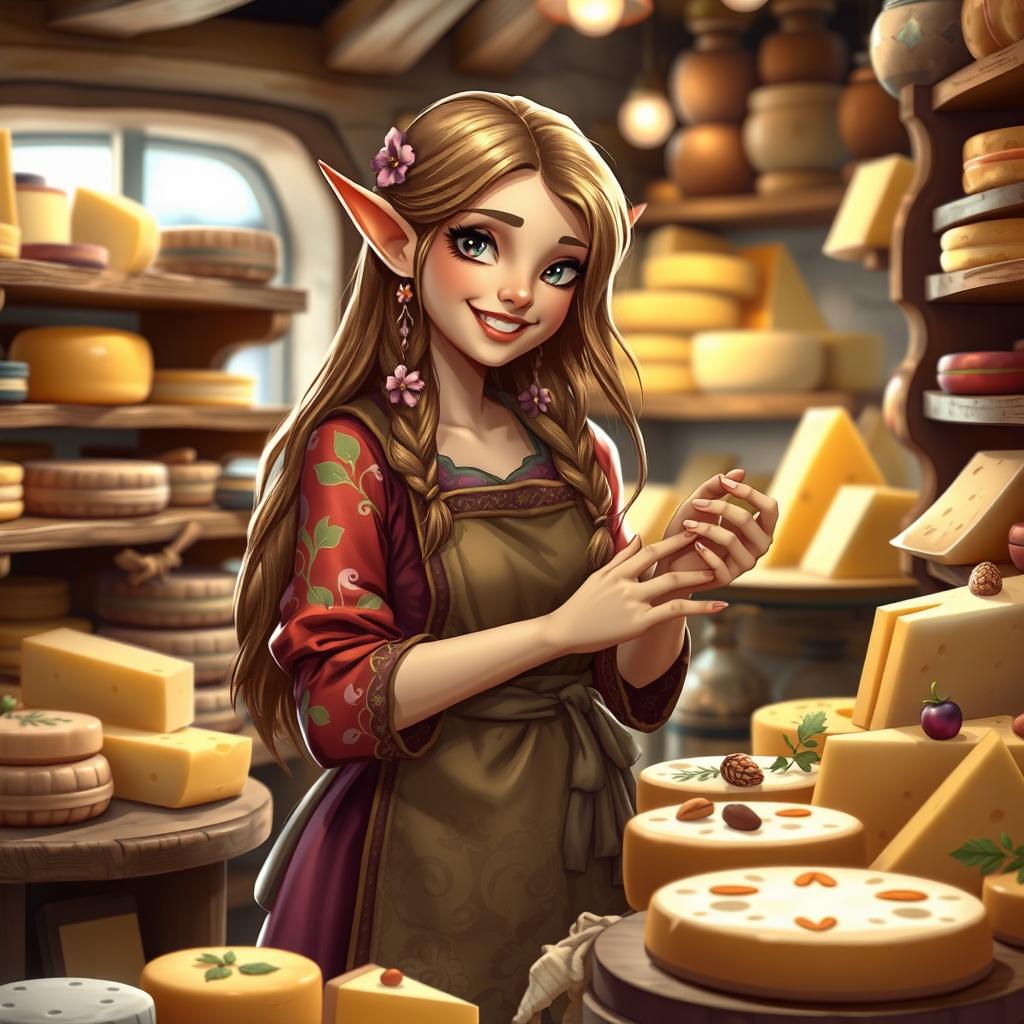 A delightful female elf cheesemonger expertly arranging a colorful display of artisanal cheeses in a charming, rustic cheese shop