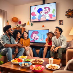 A lively and cheerful living room scene where a group of friends are enjoying each other's company while watching a funny video on a large TV screen