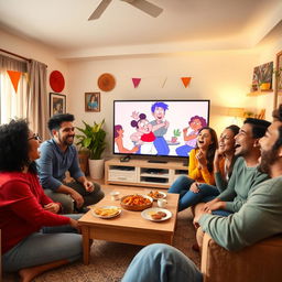 A lively and cheerful living room scene where a group of friends are enjoying each other's company while watching a funny video on a large TV screen