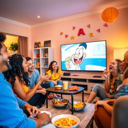 A lively and cheerful living room scene where a group of friends are enjoying each other's company while watching a funny video on a large TV screen