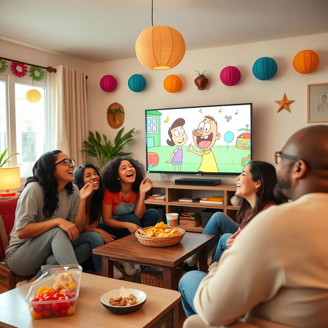 A lively and cheerful living room scene where a group of friends are enjoying each other's company while watching a funny video on a large TV screen