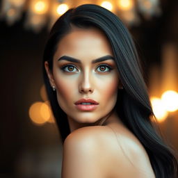 A stunning portrait of a glamorous woman with exotic features, showcasing a beautifully rendered close-up of her radiant skin