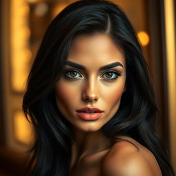 A stunning portrait of a glamorous woman with exotic features, showcasing a beautifully rendered close-up of her radiant skin