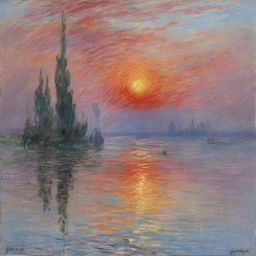 In Claude Monet's signature impressionistic style, depict a mesmerizing sunset. The sky bursts with radiant hues of red, orange, and violet, reflected in a serene body of water. Monet's trademark quick strokes enhance the dynamic vibrancy of this moment.