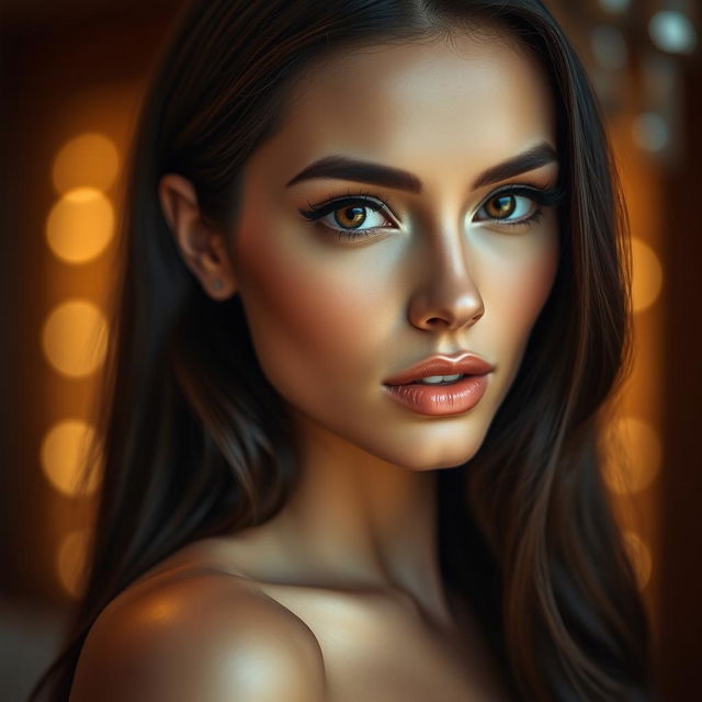 A stunning portrait of a glamorous woman with exotic features, showcasing a beautifully rendered close-up of her radiant skin