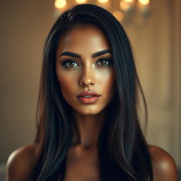 A stunning portrait of a glamorous woman with exotic features, showcasing a beautifully rendered close-up of her radiant skin