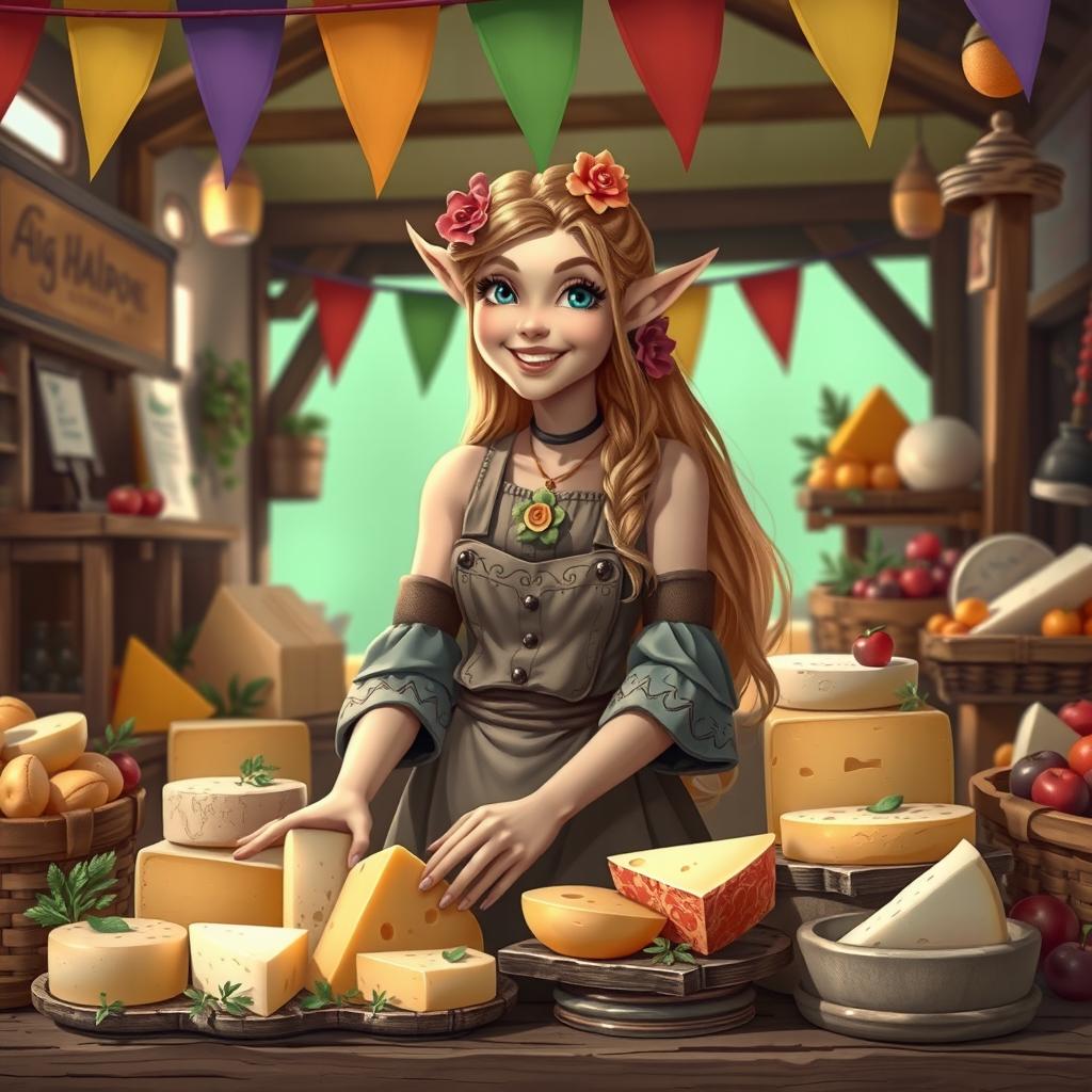 A joyful female elf cheesemonger showcasing an array of exquisite artisanal cheeses in a charming marketplace booth