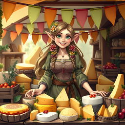 A joyful female elf cheesemonger showcasing an array of exquisite artisanal cheeses in a charming marketplace booth