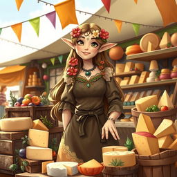 A joyful female elf cheesemonger showcasing an array of exquisite artisanal cheeses in a charming marketplace booth