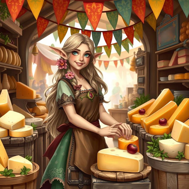 A joyful female elf cheesemonger showcasing an array of exquisite artisanal cheeses in a charming marketplace booth