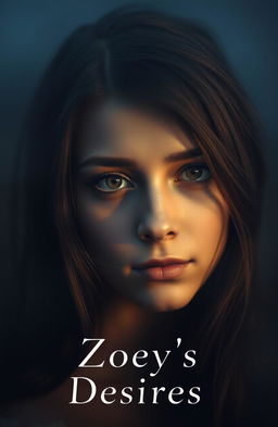 A hauntingly beautiful, misty portrait of a young woman named Zoey, featuring her piercing brown eyes lost in thought