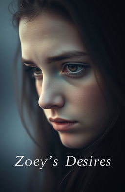 A hauntingly beautiful, misty portrait of a young woman named Zoey, featuring her piercing brown eyes lost in thought