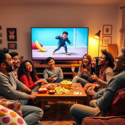 A dynamic and cheerful scene where a group of diverse friends is sitting in a cozy living room, all laughing heartily while watching a funny video on their large flat-screen TV