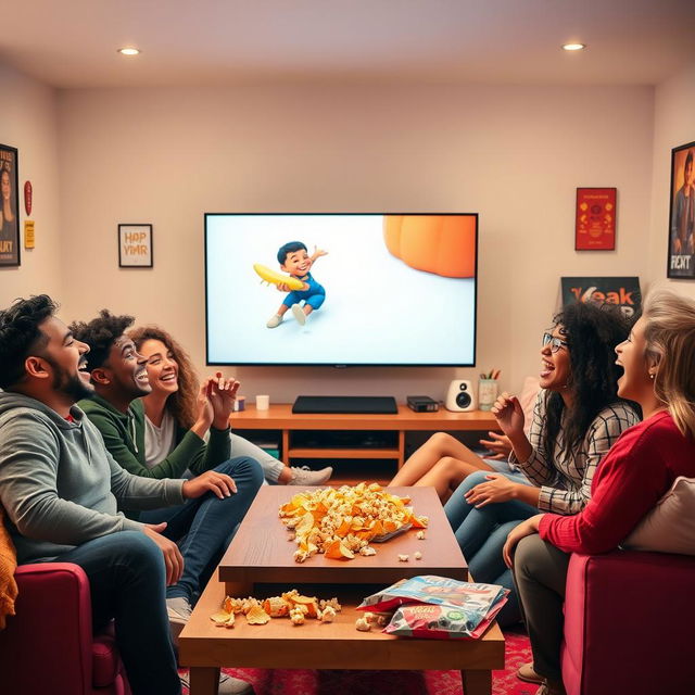 A dynamic and cheerful scene where a group of diverse friends is sitting in a cozy living room, all laughing heartily while watching a funny video on their large flat-screen TV