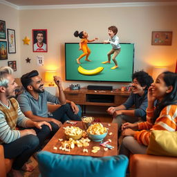 A dynamic and cheerful scene where a group of diverse friends is sitting in a cozy living room, all laughing heartily while watching a funny video on their large flat-screen TV