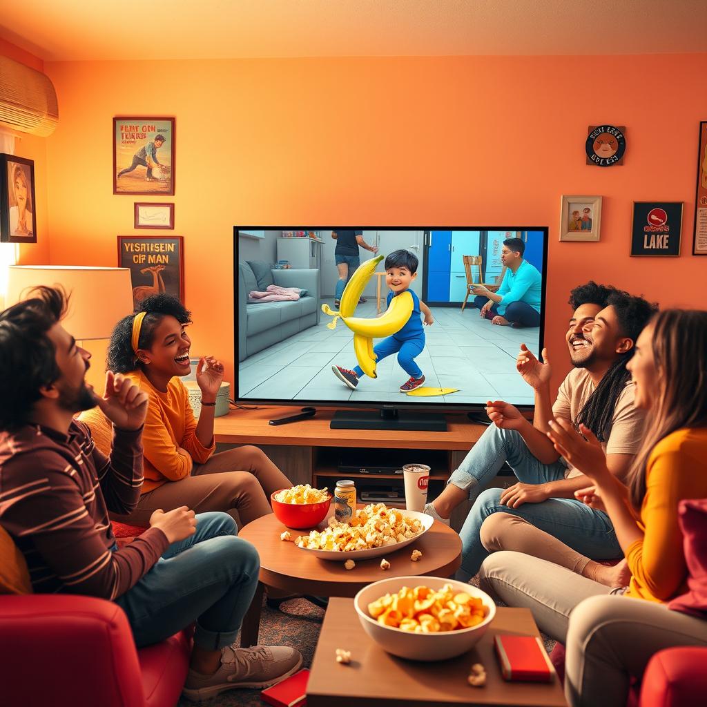 A dynamic and cheerful scene where a group of diverse friends is sitting in a cozy living room, all laughing heartily while watching a funny video on their large flat-screen TV