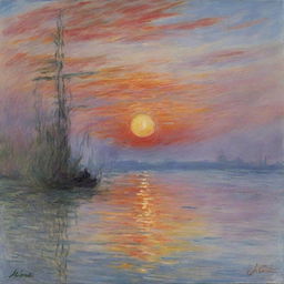 In Claude Monet's signature impressionistic style, depict a mesmerizing sunset. The sky bursts with radiant hues of red, orange, and violet, reflected in a serene body of water. Monet's trademark quick strokes enhance the dynamic vibrancy of this moment.