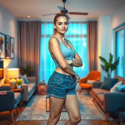 A fit 20-year-old white woman with soft facial features, maintaining a youthful appearance without any large jawline or exaggerated cheekbones, is standing confidently in a modern living room