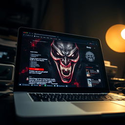 A close-up of a modern laptop screen showcasing a deep web webpage that features a horrifying face