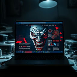 A close-up of a modern laptop screen showcasing a deep web webpage that features a horrifying face
