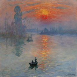 In Claude Monet's signature impressionistic style, depict a mesmerizing sunset. The sky bursts with radiant hues of red, orange, and violet, reflected in a serene body of water. Monet's trademark quick strokes enhance the dynamic vibrancy of this moment.