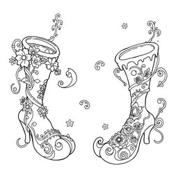 A whimsical coloring page illustration of fantasy footwear designed for gnomes, elves, or fairies
