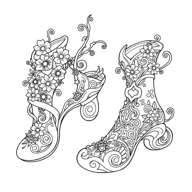 A whimsical coloring page illustration of fantasy footwear designed for gnomes, elves, or fairies